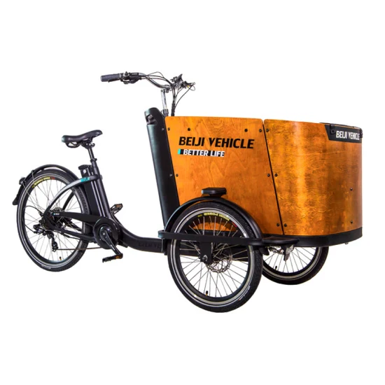 Triciclo da carico familiare con telaio in acciaio e scatola di legno impermeabile, telaio per bici in alluminio, bici da carico elettrica a 3 ruote in vendita